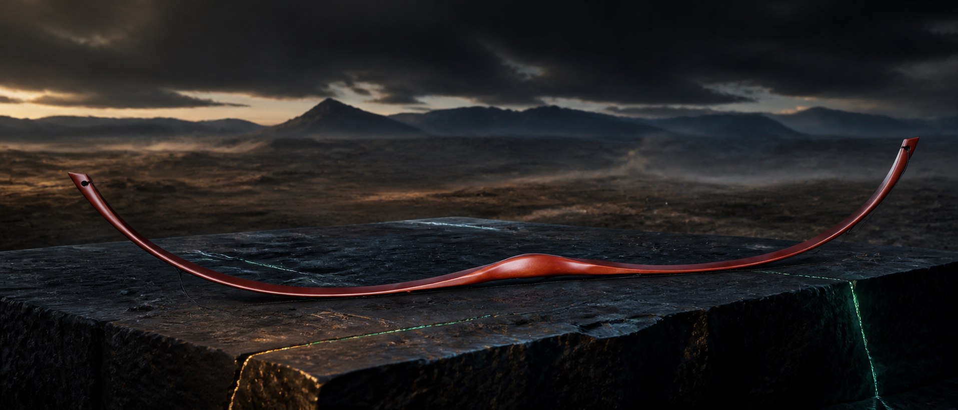 A red Jackal traditional bow presented against the Eurasian steppe at dusk
