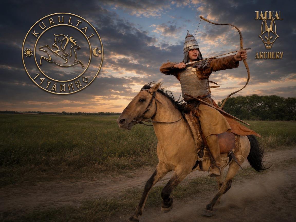 Mounted traditional archer using a Jackal bow on the open steppe