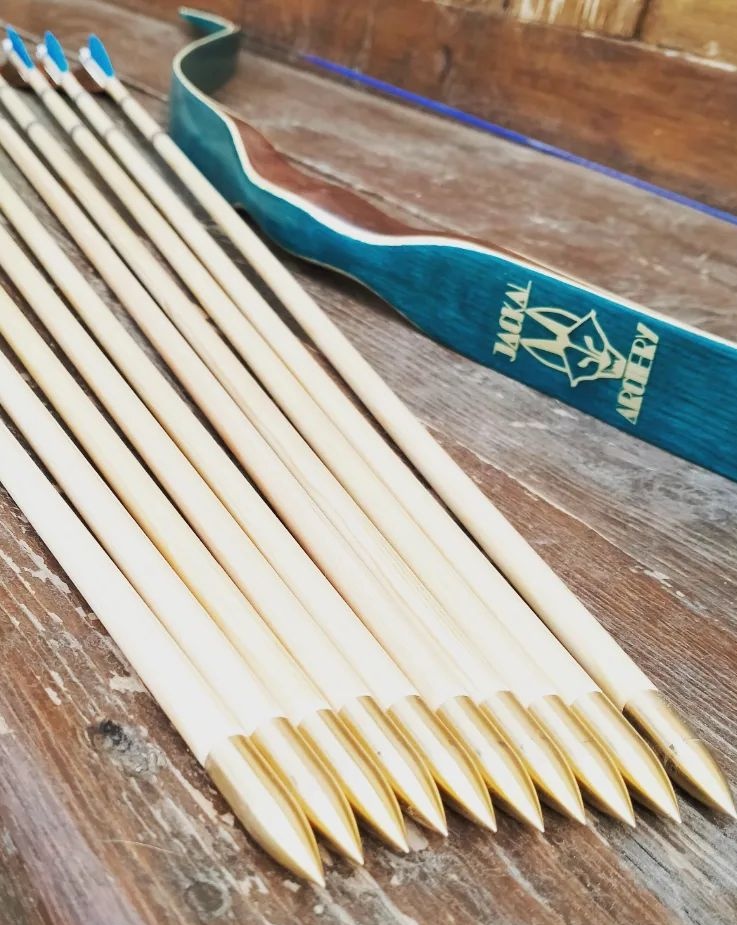 Teal and black Jackal bow beside handmade arrows